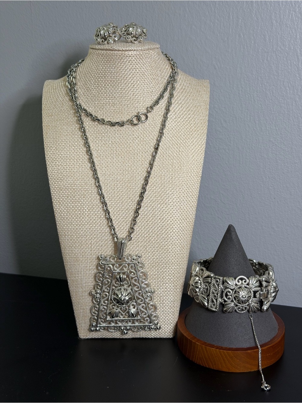 Trifari Silver-Tone Filigree Necklace, Bracelet & Clip Earrings Set